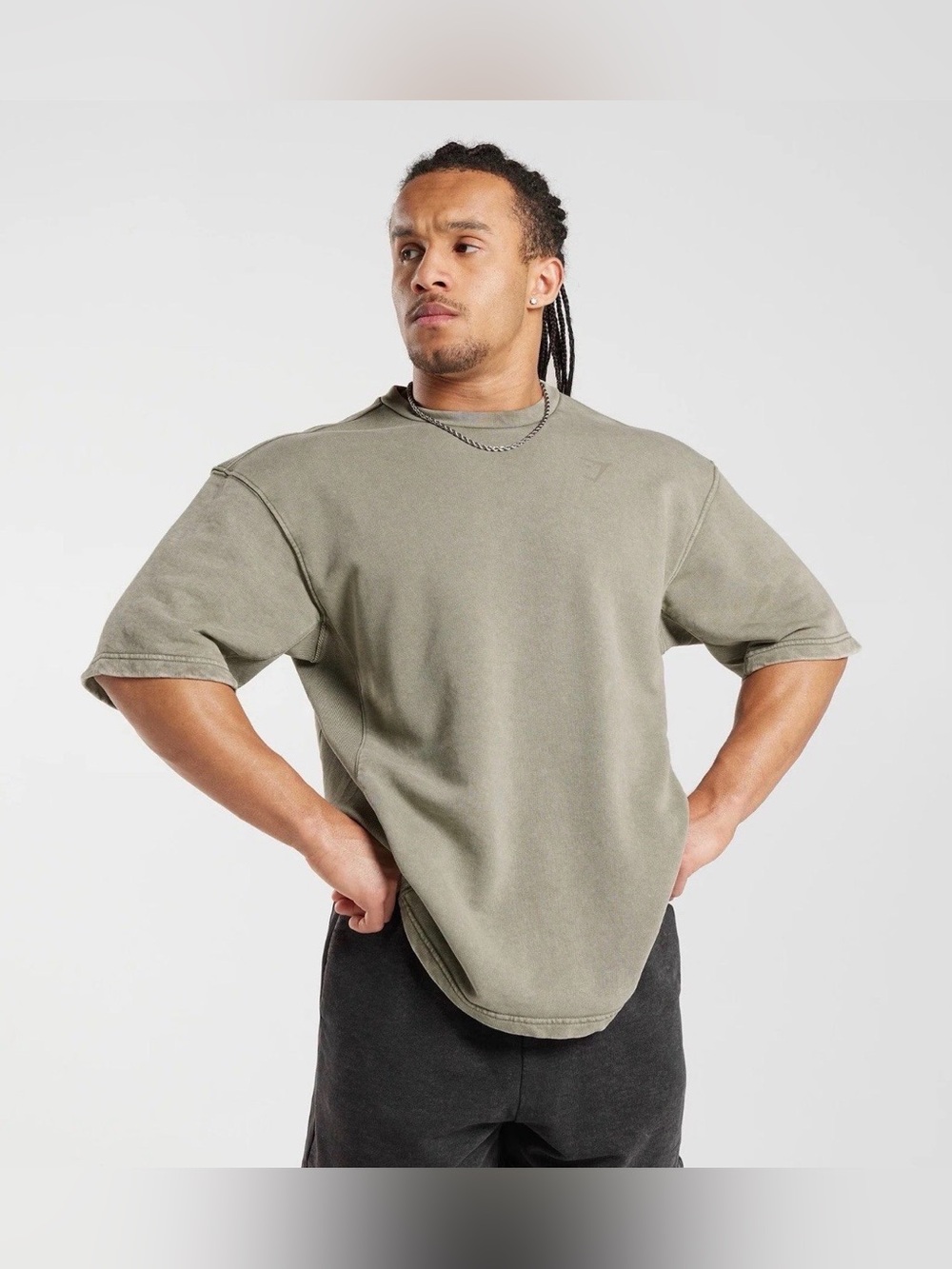 New Gymshark Men's Oversized Crewneck Power Washed - Olive